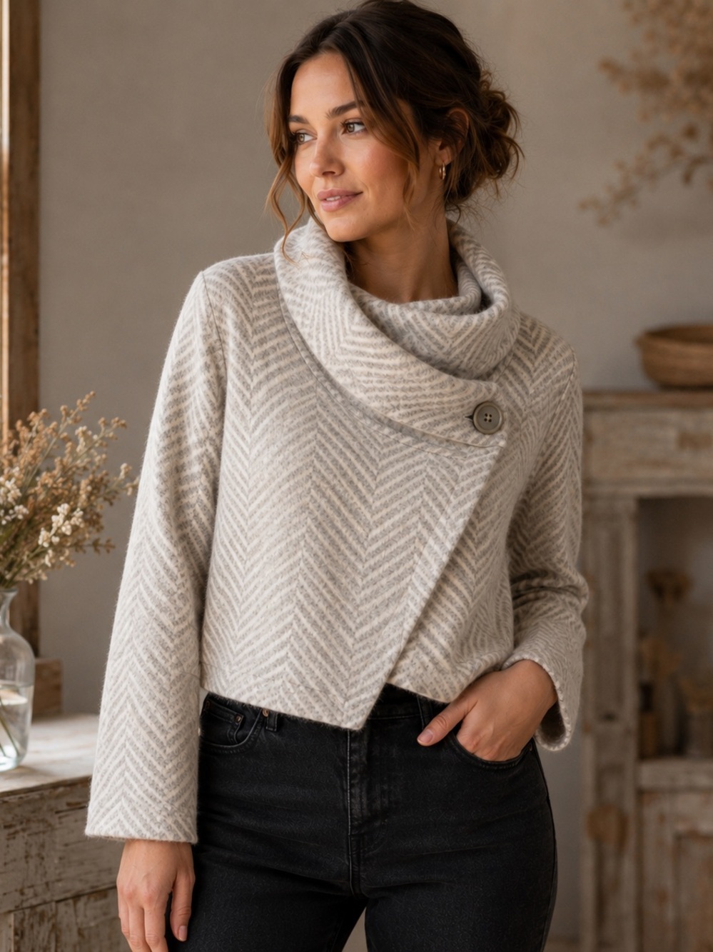 Herringbone Wool Blend Cropped Wrap Jacket Cowl Collar